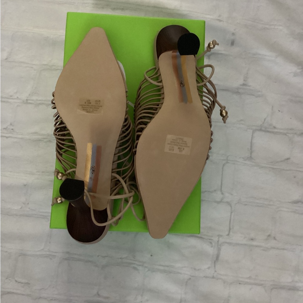 SAM ELDELMAN Woven Pointed-Toe Lace-Up Mules in Beige - Picture 2 of 6